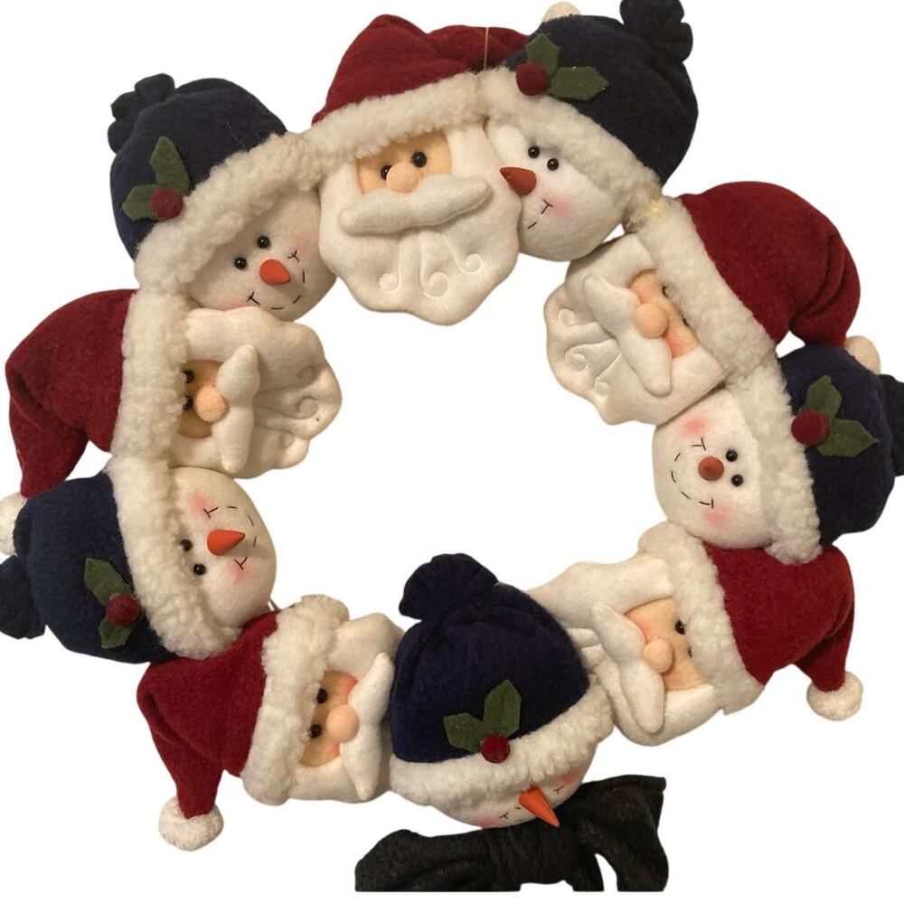 Christmas Wreath Santa and Snowman Adorable 15" Wide - Plush Crochet Like